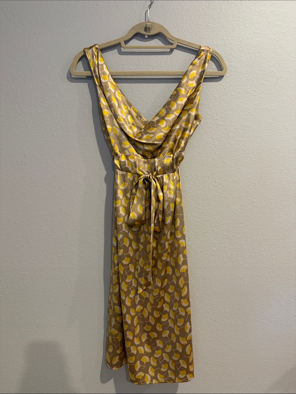 Diane Von Furstenberg Yellow and Cream Cowl-Neck Midi Dress with Waist Tie